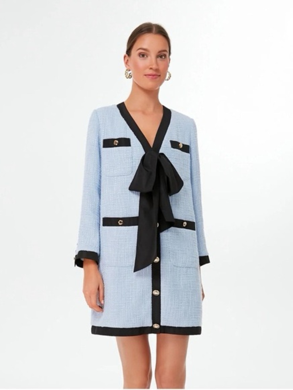 Tuckernuck Pomander Place Light Blue Tweed Mini Dress with Black Bow Trim